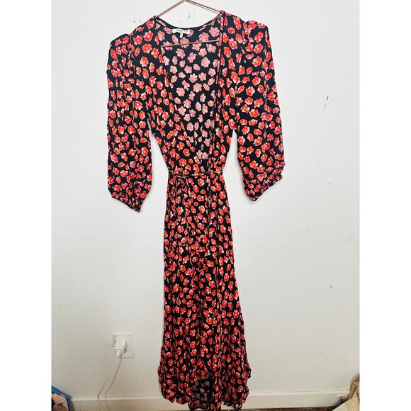 GANNI Red Black Floral Wrap Puff Sleeves V-Neckline Midi Dress size 36 - Picture 2 of 16